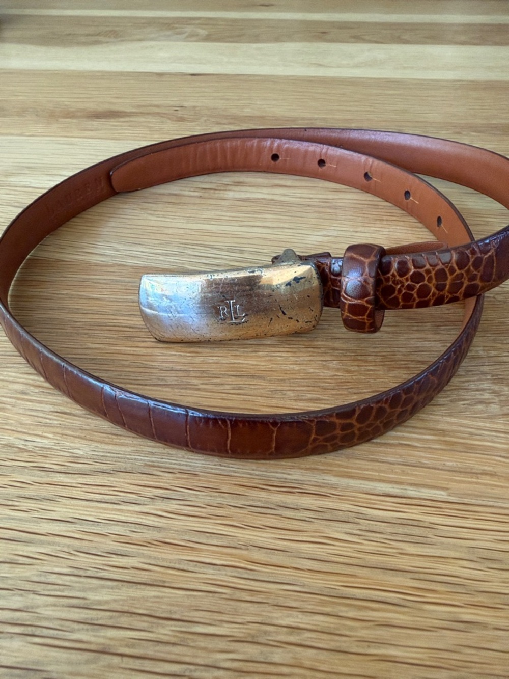 Lauren Ralph Lauren Croc-Embossed Brown Leather Belt Metal LRL Buckle 30-34”